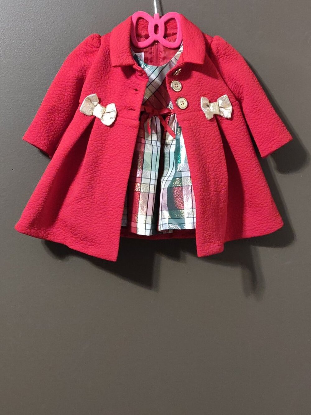 Bonnie Jean Baby 2 Piece Set Holiday Plaid Dress With Red Coat Size 3/6 mos.